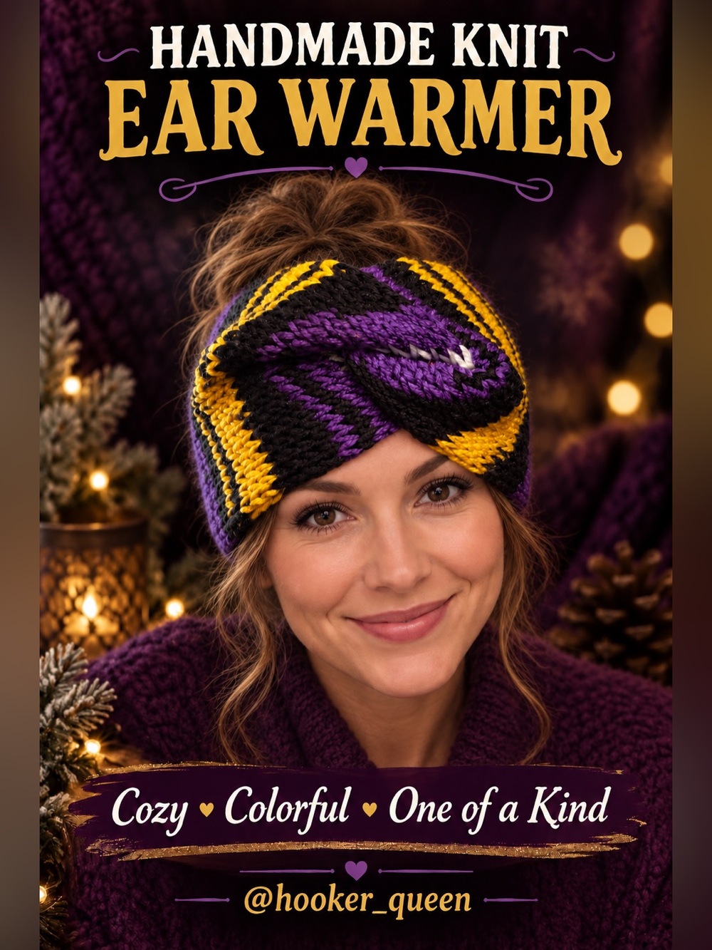 Handmade Knit Twist Ear Warmer – Purple Black & Yellow